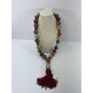 Ceramic Bead Necklace Large Multicolor Beads Maroon Tassel Boho Statement Jewelr